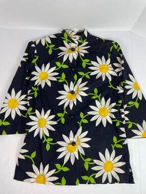 Vintage Mode O'Day Daisy Print Tunic Top 3/4 Sleeve Black White Yellow
